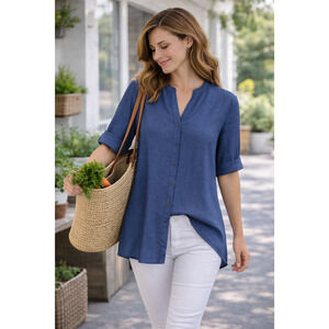 Chico’s 2 US L (12/14) Blue Tunic Top Button Front Short Sleeve Linen Blend Boho